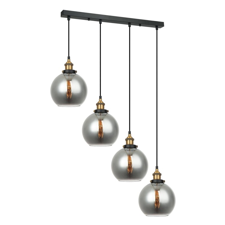 Lampa wisząca CARDENA Italux łączy 4 dymione klosze z czarno-złotą oprawą. Kaskadowy układ doskonale prezentuje się nad wyspą kuchenną, stołem lub barkiem. Model wykorzystuje wymienne żarówki E27 do 40 W.