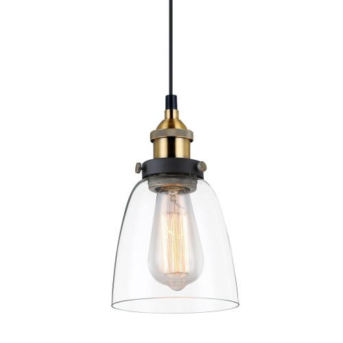 Lampa wisząca FRANCIS Italux łączy styl retro z nowoczesnym designem. Transparentny szklany klosz, czarna oprawa i złote detale tworzą elegancką kompozycję idealną nad stół, wyspę kuchenną, barek oraz do jadalni i salonu.