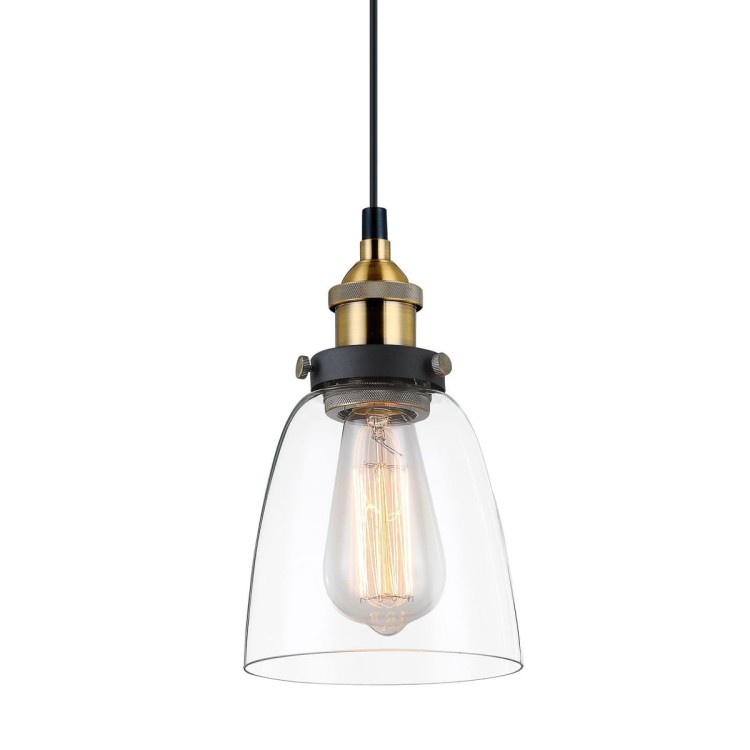 Lampa wisząca FRANCIS Italux łączy styl retro z nowoczesnym designem. Transparentny szklany klosz, czarna oprawa i złote detale tworzą elegancką kompozycję idealną nad stół, wyspę kuchenną, barek oraz do jadalni i salonu.