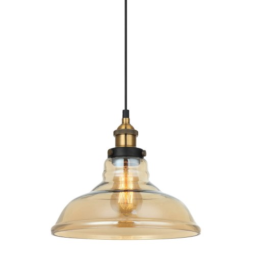 Lampa wisząca HUBERT Amber Vintage Italux MDM-2381/1 GD+AMB z bursztynowym kloszem. Czarno-złota oprawa 1xE27 w stylu retro. Średnica 28 cm, wysokość 98 cm. Idealna nad stół, barek, wyspę kuchenną lub do restauracji.