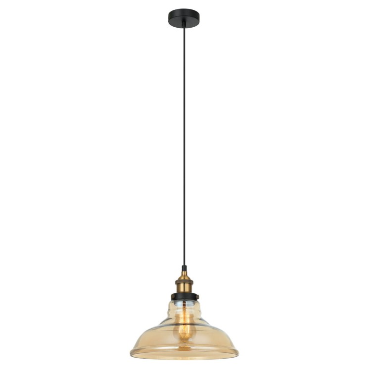 Lampa HUBERT Amber Vintage z bursztynowym kloszem wprowadzi do wnętrza ciepłe, dekoracyjne światło. Czarno-złota oprawa Italux 1xE27 pasuje nad stół, barek i wyspę. Średnica 28 cm, wysokość 98 cm, IP20, 2 lata gwarancji.