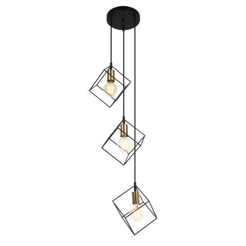 Lampa wisząca MORESTEL Italux 3xE27 łączy czarne geometryczne klosze ze złotymi oprawkami. Kaskadowy układ i wysokość do 121 cm sprawiają, że doskonale pasuje nad schody, na antresolę lub do wysokiego holu.