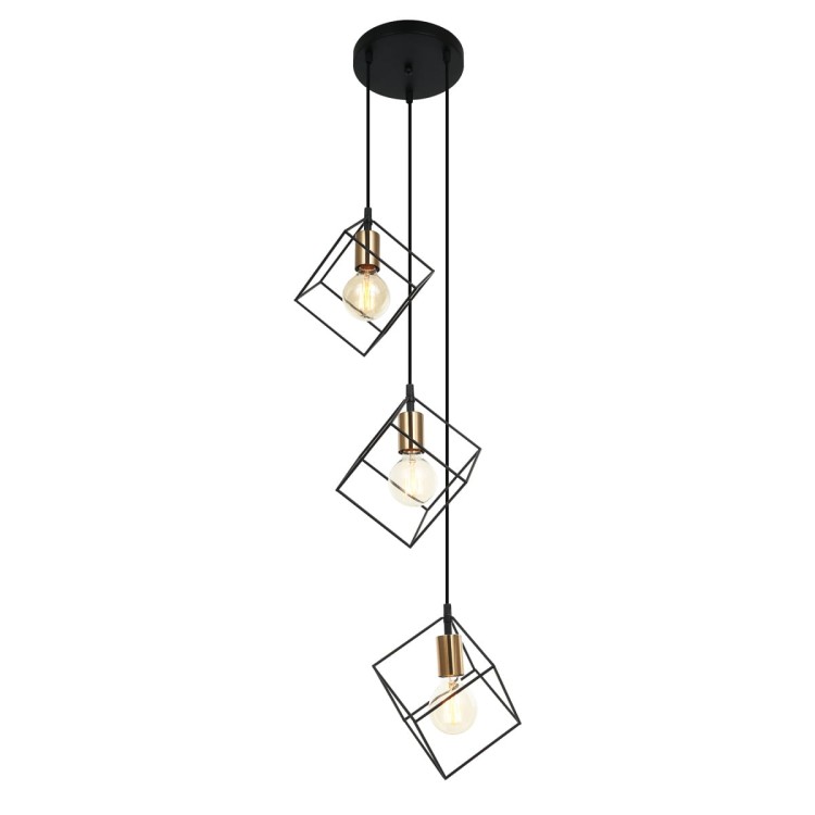 Lampa wisząca MORESTEL Italux 3xE27 łączy czarne geometryczne klosze ze złotymi oprawkami. Kaskadowy układ i wysokość do 121 cm sprawiają, że doskonale pasuje nad schody, na antresolę lub do wysokiego holu.