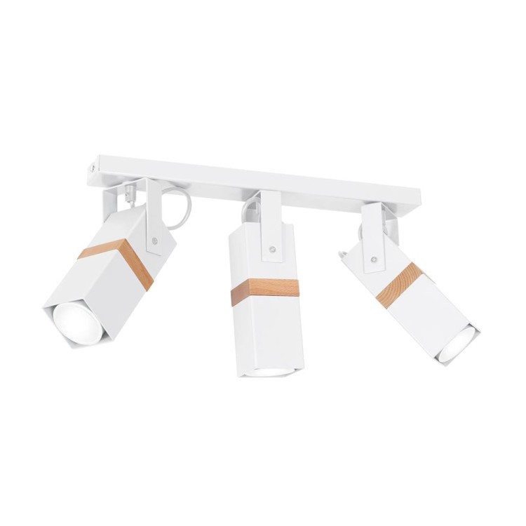 Lampa sufitowa VIDAR WHITE 3xGU10 Milagro łączy biały metal z naturalnym drewnem. Trzy regulowane reflektory pozwalają skierować światło na blat, stół lub obraz. Idealna do kuchni, salonu, jadalni i przedpokoju.