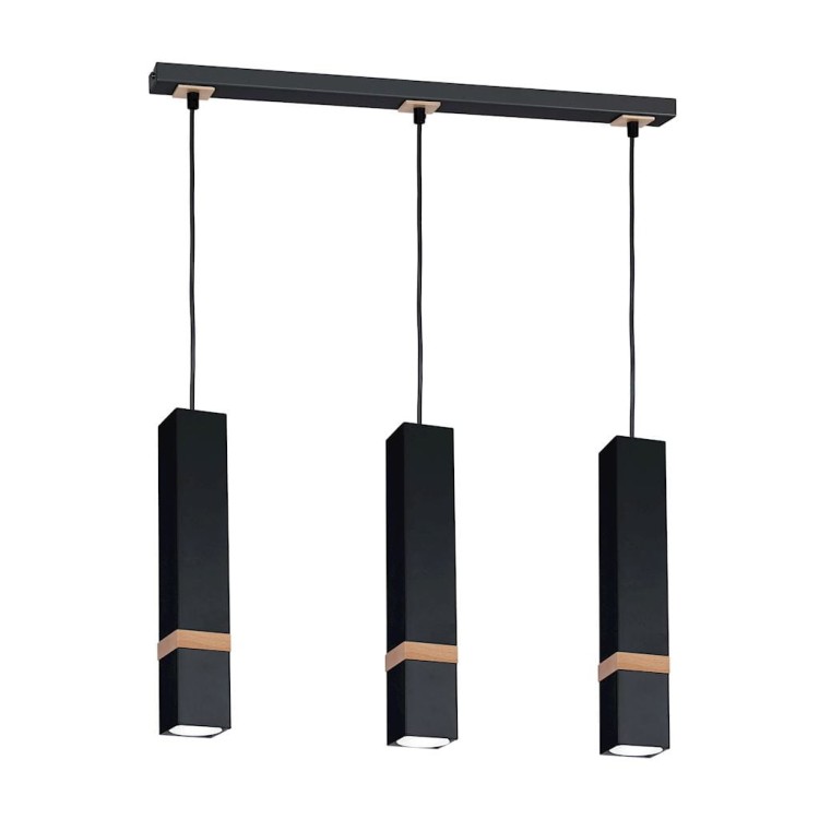 Lampa wisząca VIDAR BLACK 3xGU10 to elegancki dodatek do nowoczesnego wnętrza. Czarna listwa i trzy tuby z drewnianym detalem tworzą ponadczasowy design. Doskonała do kuchni, jadalni i salonu. Regulowana wysokość i wymienne źródła GU10.