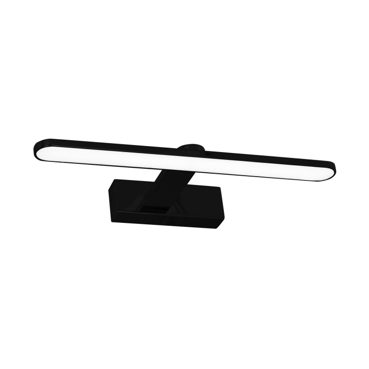 Nowoczesny kinkiet łazienkowy SPLASH BLACK 40 cm LED 8W w kolorze czarnym zamontowany nad lustrem. Minimalistyczna galeryjka zapewnia równomierne oświetlenie twarzy, idealne do makijażu i pielęgnacji. IP44 – idealny do łazienki.
