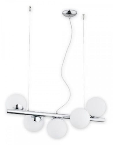 Lampa sufitowa OSSO 5xE14 chrom marki Lemir zachwyca nowoczesnym designem i eleganckim wykończeniem. Pięć białych matowych kul, regulowana wysokość 30–100 cm oraz podział świecenia 2+3 sprawiają, że idealnie pasuje do salonu i jadalni.