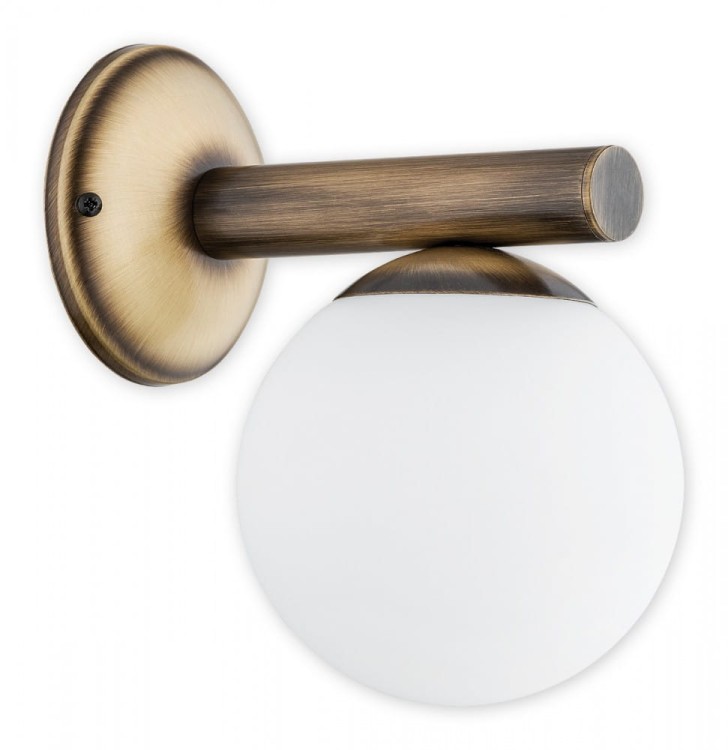 Kinkiet OSSO patyna Lemir O2910 K1 PAT – elegancka lampa ścienna z białym, matowym kloszem w formie kuli. Idealny do sypialni, salonu i korytarza. Polska produkcja Lemir – jakość i tradycja od 1967 roku.