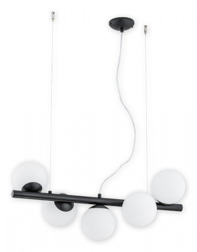 Lampa sufitowa OSSO 5xE14 czarna matowa marki Lemir to nowoczesne oświetlenie do salonu, jadalni i kuchni. Pięć białych kulistych kloszy, regulowana wysokość 30–100 cm oraz podział świecenia 2+3 zapewniają wygodę i elegancki wygląd.