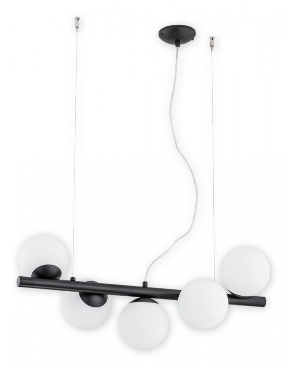 Lampa sufitowa OSSO 5xE14 czarna matowa marki Lemir to nowoczesne oświetlenie do salonu, jadalni i kuchni. Pięć białych kulistych kloszy, regulowana wysokość 30–100 cm oraz podział świecenia 2+3 zapewniają wygodę i elegancki wygląd.