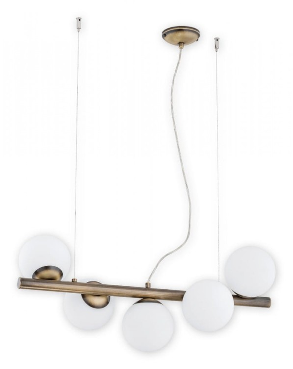 Lampa sufitowa OSSO 5xE14 patyna Lemir zachwyca nowoczesną formą i białymi matowymi kulami. Regulowana wysokość 30-100 cm oraz podział świecenia 2+3 sprawiają, że idealnie sprawdzi się nad stołem w jadalni, salonie lub kuchni.