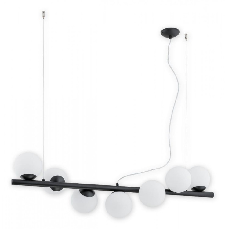 Żyrandol OSSO 7xE14 czarny Lemir O2917 W7 CZA – elegancka lampa sufitowa na listwie z białymi kulami. Regulowana wysokość 30–100 cm, idealna nad stół do jadalni i do salonu. Polska produkcja Lemir – jakość od 1967 roku.