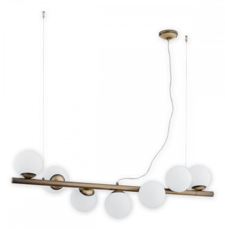 Żyrandol OSSO 7xE14 patyna Lemir O2917 W7 PAT – elegancka lampa sufitowa z siedmioma białymi kulistymi kloszami. Regulowana wysokość 30–100 cm, idealna nad stół do jadalni i do salonu. Polska produkcja Lemir – tradycja od 1967 roku.