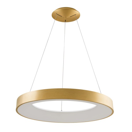 Złota lampa wisząca GIULIA Italux LED 80W ma średnicę 80 cm i zapewnia 4400 lm ciepłego światła 3000K. Funkcja ściemniania oraz regulowana wysokość do 120 cm sprawdzą się nad dużym stołem, wyspą kuchenną i w salonie.