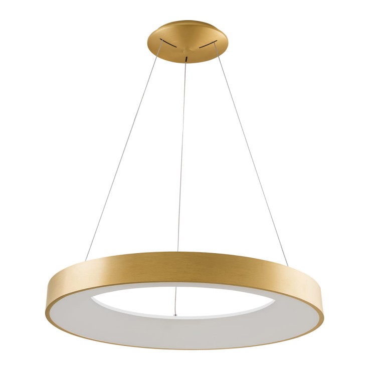Złota lampa wisząca GIULIA Italux LED 80W ma średnicę 80 cm i zapewnia 4400 lm ciepłego światła 3000K. Funkcja ściemniania oraz regulowana wysokość do 120 cm sprawdzą się nad dużym stołem, wyspą kuchenną i w salonie.