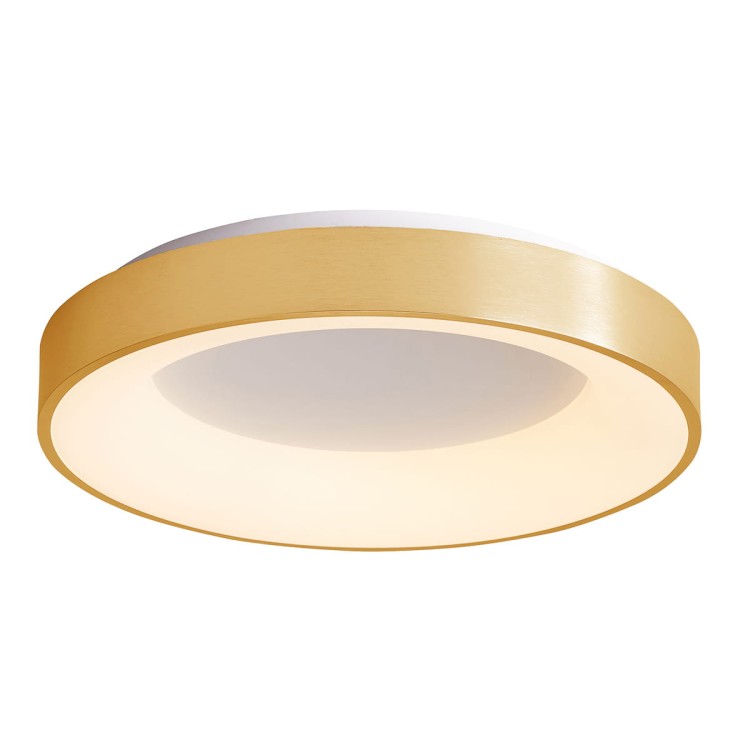 Złoty plafon GIULIA Italux 5304-850RC-GD-3 ma średnicę 60 cm i zintegrowany moduł LED 50W. Ciepła barwa światła 3000K oraz montaż bezpośrednio przy suficie sprawdzą się w salonie, sypialni, jadalni i kuchni.