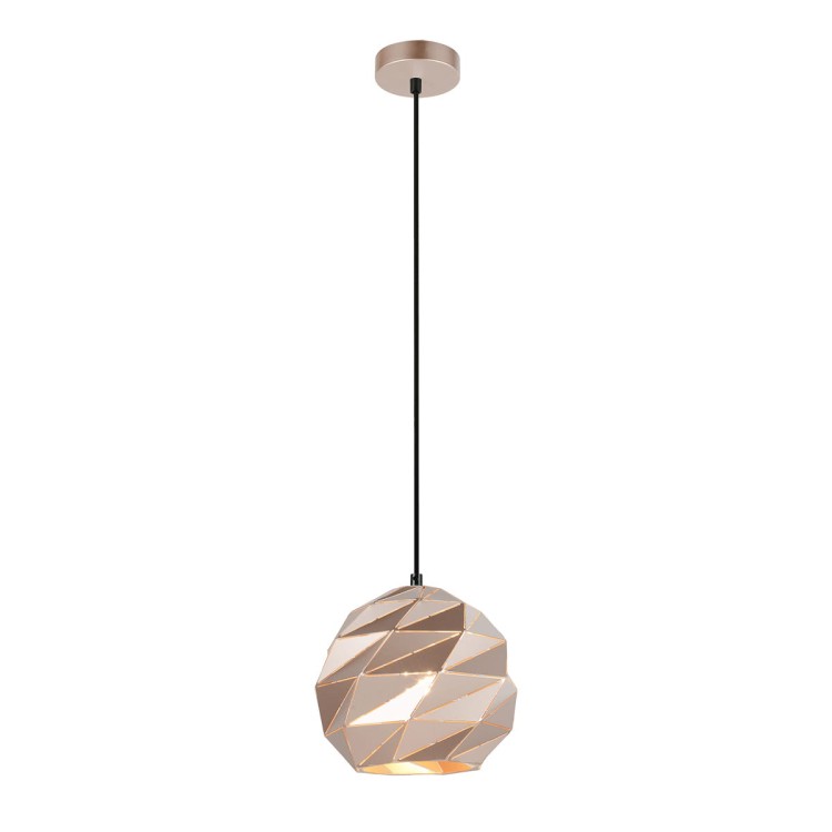 PALERMO Italux – lampa sufitowa wisząca w odcieniu szampańskiego złota. Metalowy klosz Ø22 cm dobrze komponuje się z drewnem, beżem i bielą. Nad stół lub stolik kawowy. 1×E27 max 40 W, wysokość 90 cm, możliwość skrócenia, IP20.