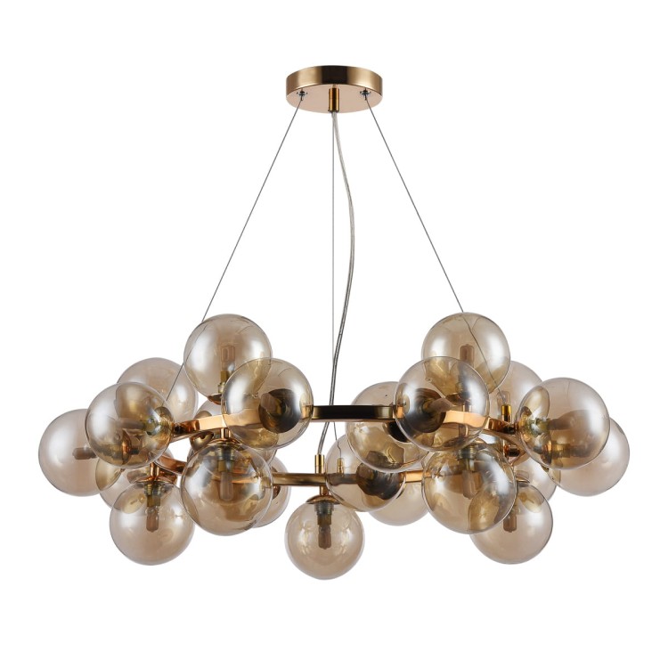 Lampa wisząca Cabella Italux PND-5252-25-GD-CGN zachwyca złotą konstrukcją i koniakowymi kloszami. Nowoczesny design oraz 25 punktów światła G9 tworzą wyjątkowy klimat w salonie, jadalni lub eleganckiej sypialni.
