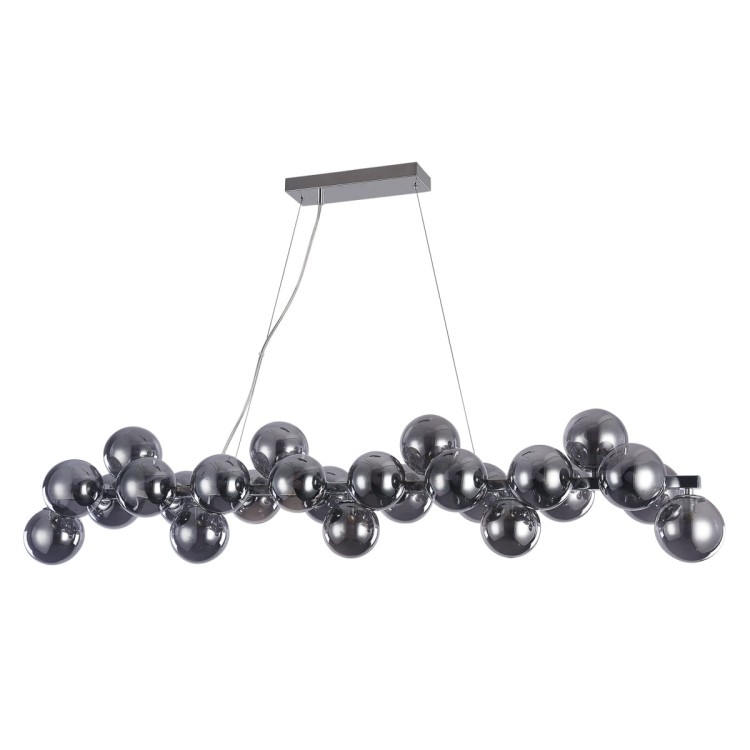 Lampa wisząca Cabella Italux PND-5252-A-25-CH+SMK to nowoczesne oświetlenie z 25 dymionymi kulami ze szkła. Chromowana konstrukcja i podłużna forma idealnie sprawdzą się nad stołem lub wyspą kuchenną.