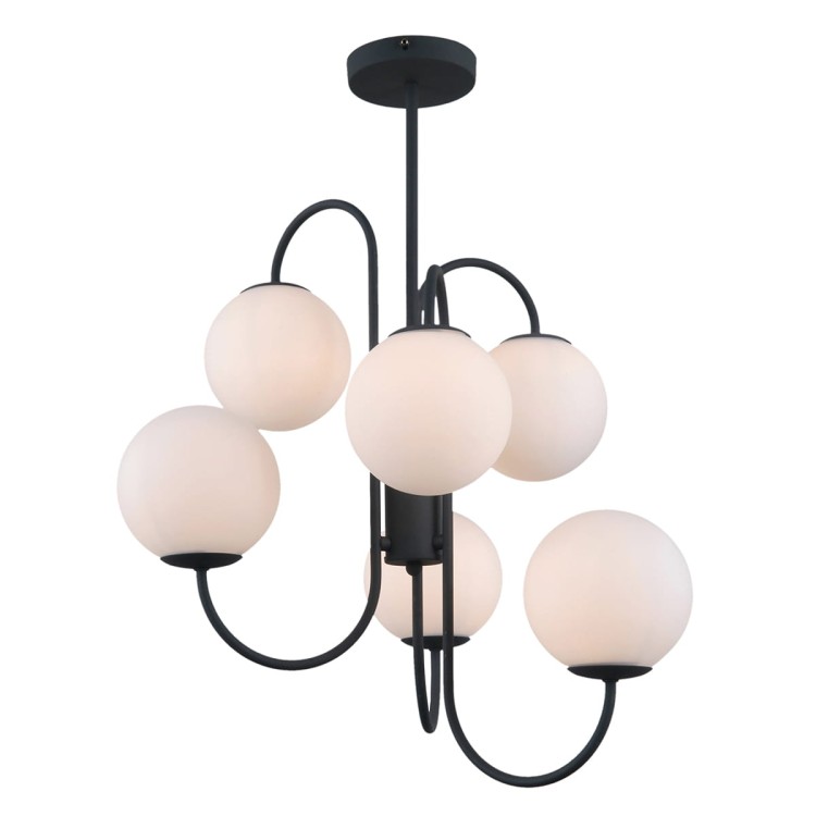 Lampa sufitowa GELA Italux łączy czarną stalową konstrukcję z 6 białymi kloszami w kształcie kul. Dekoracyjne ramiona tworzą efektowne oświetlenie do salonu, jadalni, sypialni lub przestronnego holu.