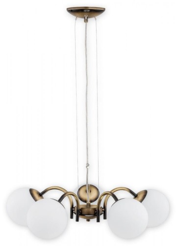 Żyrandol NOL 5xE14 w kolorze patyny to elegancka lampa wisząca z pięcioma matowymi kulami ze szkła. Regulowana wysokość oraz klasyczny design sprawiają, że doskonale sprawdzi się w salonie, jadalni i sypialni.