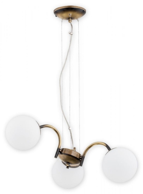 Żyrandol NOL 3xE14 w kolorze patyny to elegancka lampa wisząca z trzema matowymi kulami ze szkła. Regulowana wysokość oraz funkcja podziału świecenia 1+2 sprawiają, że idealnie sprawdzi się w salonie, jadalni i sypialni.