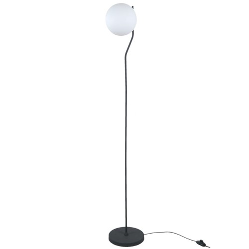 Lampa podłogowa CARIMI Italux FL-3300-1-BK ma czarny stalowy stelaż i biały szklany klosz w kształcie kuli. Wysokość 152 cm, gwint E27 i włącznik na przewodzie. Eleganckie oświetlenie do salonu, sypialni i gabinetu.