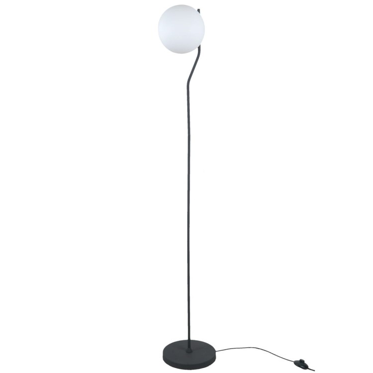 Lampa podłogowa CARIMI Italux FL-3300-1-BK ma czarny stalowy stelaż i biały szklany klosz w kształcie kuli. Wysokość 152 cm, gwint E27 i włącznik na przewodzie. Eleganckie oświetlenie do salonu, sypialni i gabinetu.