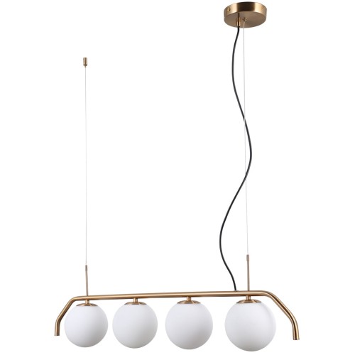 Lampa wisząca CARIMI Italux PND-3300-4-HBR łączy miodowy mosiądz z czterema białymi szklanymi kulami. Ma 90 cm długości, regulowaną wysokość do 94 cm i oprawki G9. Doskonale pasuje nad stół, barek lub wyspę.