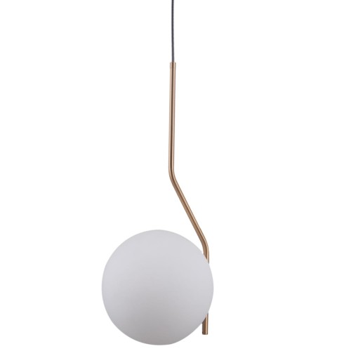 Lampa wisząca CARIMI Italux PND-3300-1-HBR łączy miodowy mosiądz z białym szklanym kloszem w kształcie kuli. Ma regulowaną wysokość do 100 cm, szerokość 16 cm i oprawkę G9. Idealna nad stół, barek lub wyspę.