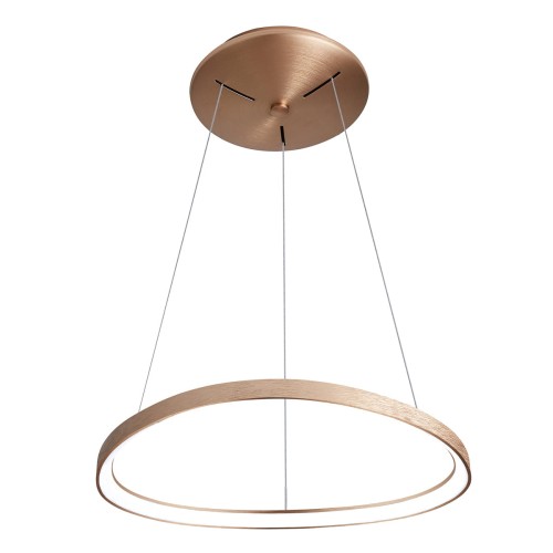 Lampa wisząca MORFI Italux 48W LED w kolorze szczotkowanego brązowego złota. Pierścień o średnicy 65 cm, ciepłe światło 3000K i 2640 lm. Możliwość skrócenia zawieszenia oraz współpraca ze ściemniaczem. Idealna nad stół.