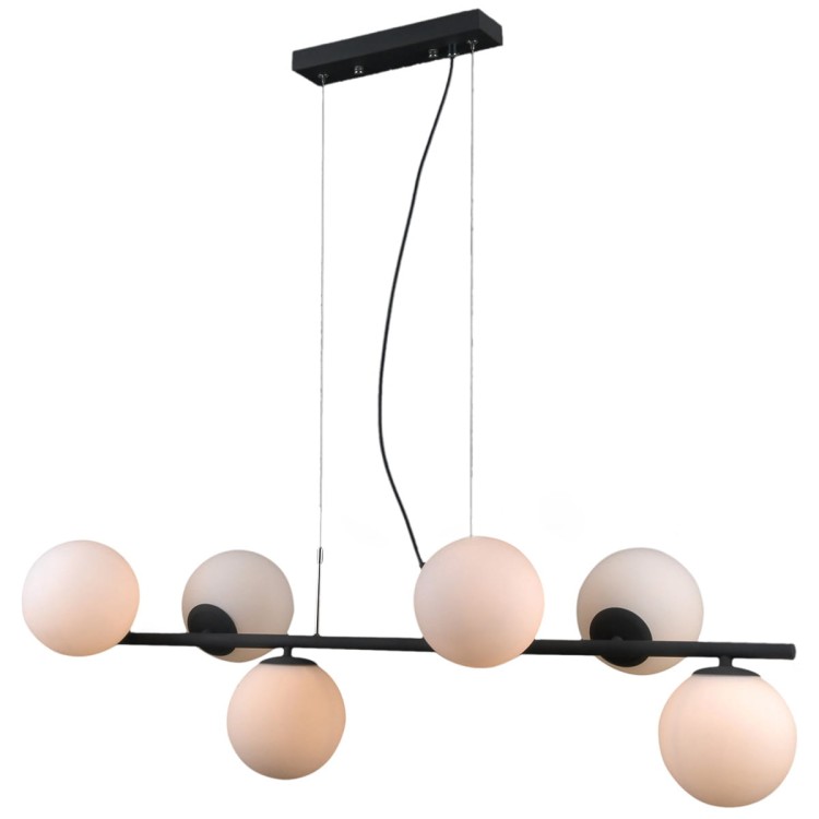 Nowoczesna lampa sufitowa RADDI Italux PND-5510-6-BK – elegancka czarna oprawa z sześcioma białymi kulami.