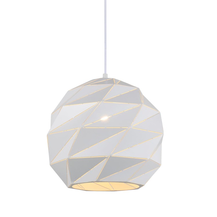 Lampa wisząca PALERMO Italux PND-2424-1L-WH ma biały metalowy klosz z geometrycznymi szczelinami. Średnica 32 cm, wysokość klosza 30 cm. Model na żarówkę E27 do 40W sprawdzi się nad stołem, wyspą, barkiem i blatem.