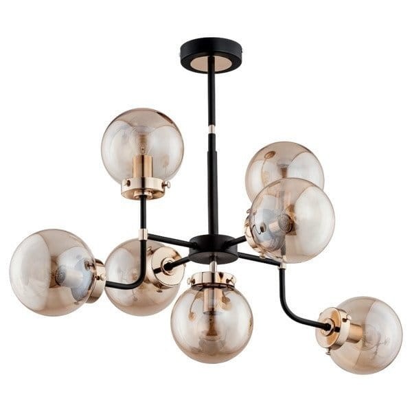 Lampa sufitowa TRANSFORMERS 7x40W czarna LOFT złota kule Alfa 24857 to designerskie oświetlenie z 7 źródłami światła E14. Połączenie czerni, złota i beżowych szklanych kul tworzy efektowny akcent do salonu, jadalni i wnętrz w stylu loft