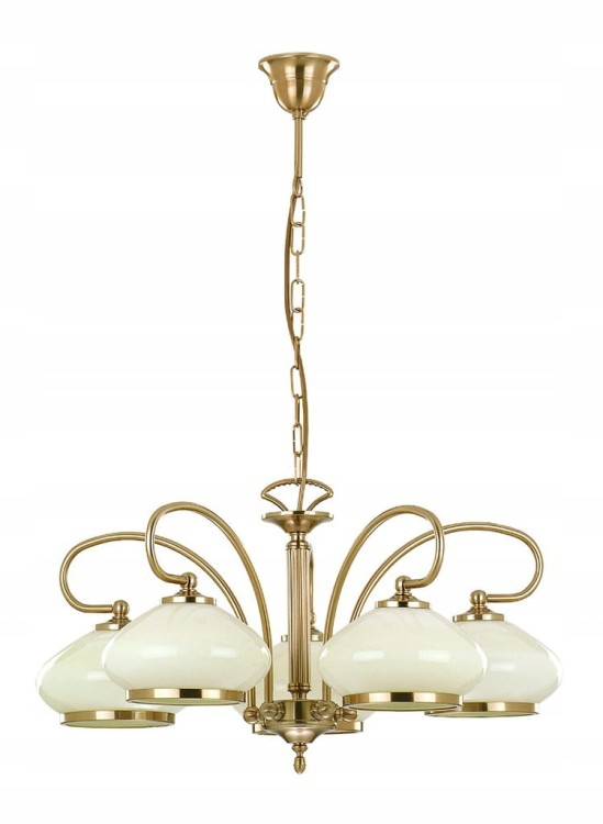 Lampa sufitowa ASTORIA 5321 Alfa – klasyczne oświetlenie retro w kolorze patyny z beżowymi kloszami. 5x E27 60W, wymiary 62×60 cm. Polska produkcja, elegancja i solidne wykonanie do salonu i jadalni