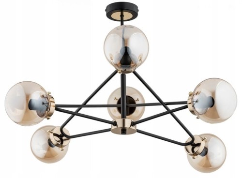 Lampa sufitowa SAGITO Alfa 25626 to sześć bursztynowych kloszy i czarno-mosiężna konstrukcja w stylu loft. Oprawa 6×E14 max 40 W ma szerokość 62 cm i wysokość 55 cm. Pasuje do salonu i jadalni, podkreślając aranżacje z drewnem, cegłą oraz betonem. Zobacz.