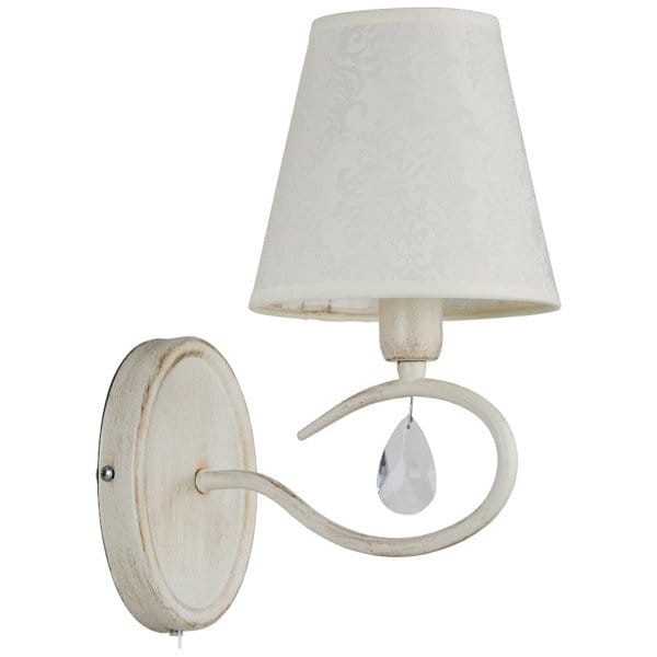 Kinkiet BALI 1pł Alfa 18520 biały antyczny z abażurem ecru i kryształowym zdobieniem w stylu prowansalskim. Elegancka lampa ścienna z 1 źródłem E14 max 60W, idealna do salonu, sypialni i jadalni. Wykonanie: stal, abażur, kryształ.