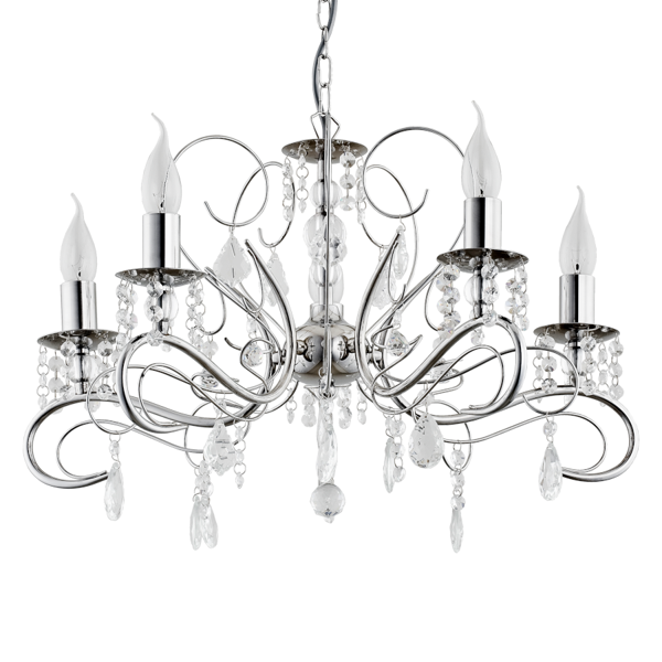 Żyrandol ASTOR 5pł Alfa w kolorze chrom to eleganckie oświetlenie z kryształkami, które tworzy efektowną grę światła. Świetnie prezentuje się w aranżacjach glamour i klasycznych.