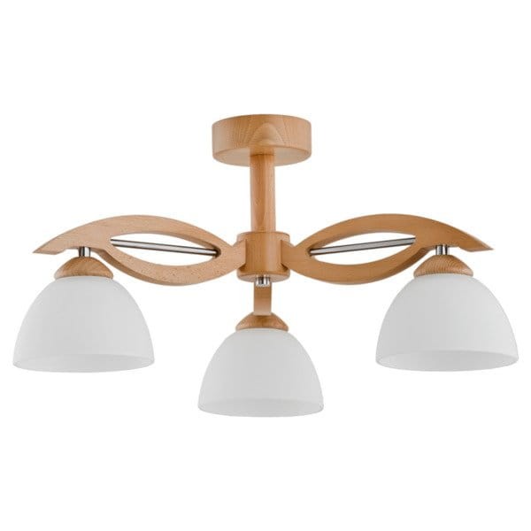 Lampa sufitowa EMIR 3pł Alfa 22203 z trzema białymi kloszami i drewnianą oprawą – eleganckie oświetlenie do salonu, jadalni lub sypialni, wykonane z drewna, metalu i szkła, z wymiennymi źródłami światła 3 x E27 60W.