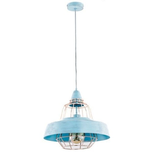 Lampa wisząca TAMARIS Alfa 60379 łączy niebiesko-miętowe przecierane wykończenie z metalowym koszem. Model 1xE27 do 60W ma 40 cm szerokości i 90 cm wysokości. Idealny nad stół, wyspę kuchenną lub barek.
