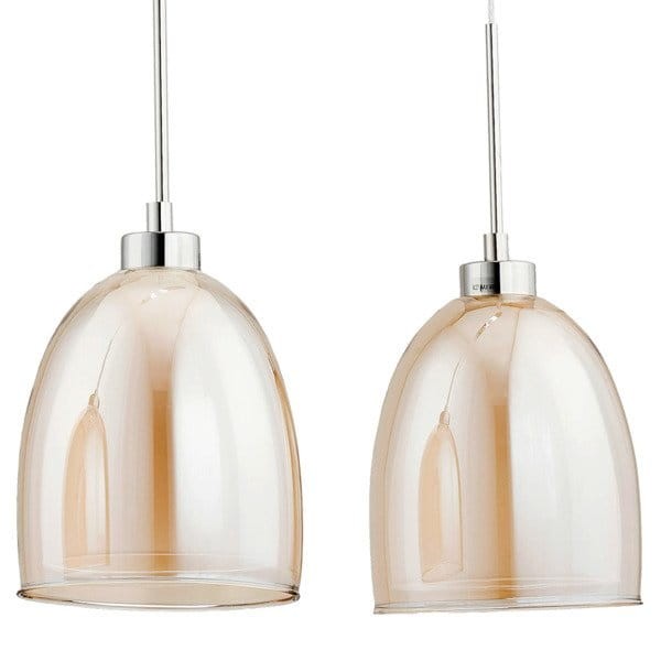 Lampa wisząca RONDA 3pł Alfa 60139 szampańska to eleganckie oświetlenie nad stół lub blat. Chromowana listwa, podwójne klosze (bursztynowy + biały), 3xE27. Wysokość 100 cm, szerokość 70 cm. Styl i funkcjonalność w jednym
