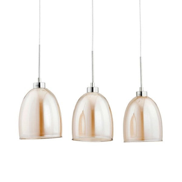 Lampa wisząca RONDA 3pł Alfa 60139 szampańska to eleganckie oświetlenie nad stół lub blat. Chromowana listwa, podwójne klosze (bursztynowy + biały), 3xE27. Wysokość 100 cm, szerokość 70 cm. Styl i funkcjonalność w jednym