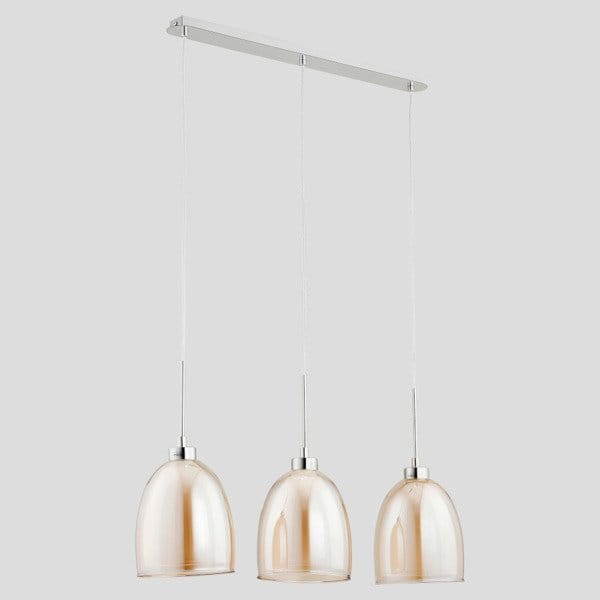 Lampa wisząca RONDA 3pł Alfa 60139 szampańska to eleganckie oświetlenie nad stół lub blat. Chromowana listwa, podwójne klosze (bursztynowy + biały), 3xE27. Wysokość 100 cm, szerokość 70 cm. Styl i funkcjonalność w jednym