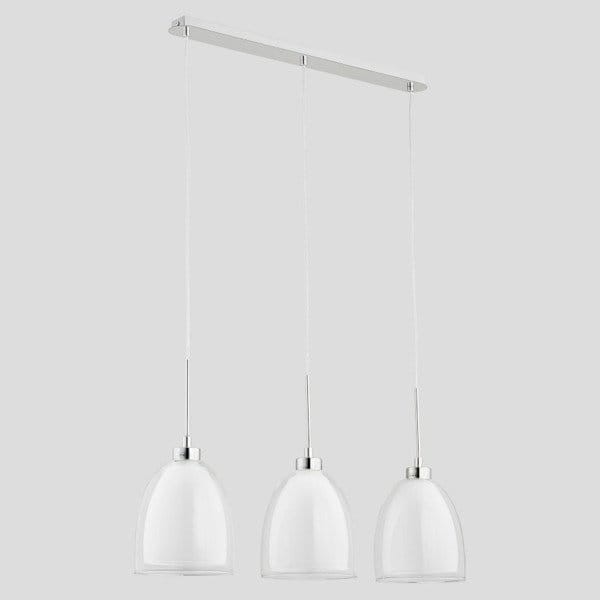 Lampa wisząca RONDA 3pł Alfa 60138 transparentna to nowoczesne oświetlenie nad stół, wyspę lub barek. Chromowana listwa, podwójne klosze – zewnętrzny przezroczysty, wewnętrzny biały. Wysokość 100 cm, 3xE27 60W. Styl i funkcjonalność w jednym