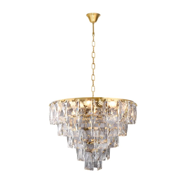 Lampa wisząca CHELSEA ML6002 Milagro w stylu glamour – złoty żyrandol z kryształami, szerokość 50 cm, regulowana wysokość 50–100 cm. Eleganckie oświetlenie do salonu, jadalni lub sypialni, 6 źródeł światła E14 tworzących efekt luksusowego blasku.