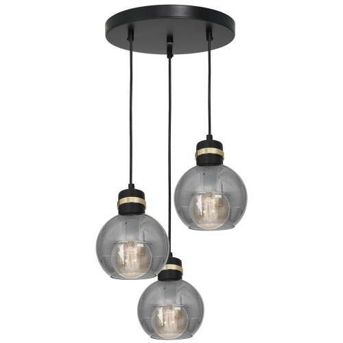 Lampa wisząca OMEGA Milagro MLP6533 z trzema przydymionymi szklanymi kloszami. Czarna oprawa i złote detale pasują do salonu i jadalni. Wymiary 30×30 cm, wysokość 40–100 cm, 3×E27 maks. 60 W każda. Żarówki do kupienia osobno.