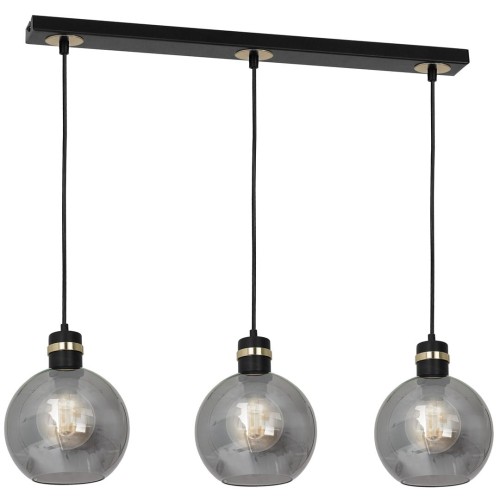 Lampa wisząca OMEGA Milagro MLP6531 z trzema przydymionymi szklanymi kloszami. Czarna listwa i złote detale pasują nad stół lub wyspę kuchenną. Wymiary 60×20 cm, wysokość 40–100 cm, 3×E27 maks. 60 W każda. Bez żarówek.