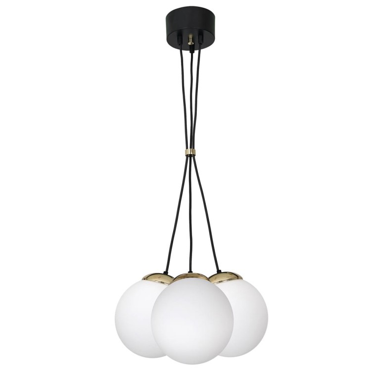 Lampa wisząca SOFIA MLP6499 Milagro z trzema białymi kulami zachwyca połączeniem czerni i złota. Regulowana wysokość 40–100 cm oraz 3 oprawki E14 sprawiają, że lampa doskonale pasuje nad stół, wyspę kuchenną i do salonu.
