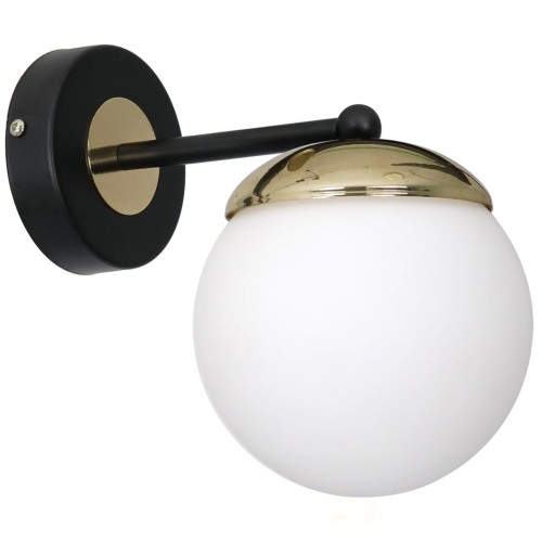 Kinkiet SPARTA MLP6512 Milagro łączy białą kulę z czarną, okrągłą podstawą i złotymi detalami. Elegancka lampa ścienna 1xE14 do sypialni, salonu, korytarza lub przy lustro. Wymiary 17 × 23 cm, wysokość 24 cm.