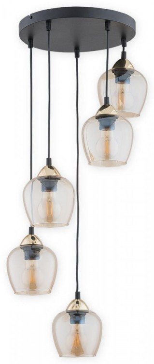 Lampa sufitowa MARGO 5xE27 Lemir O2995 W5 zachwyca efektowną formą kaskadową. Bursztynowe klosze, czarna oprawa i złote detale tworzą elegancką kompozycję idealną do salonu, jadalni, klatki schodowej i nowoczesnego holu.